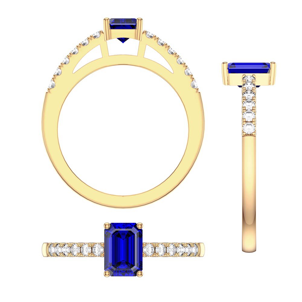 Unity 1ct Blue Sapphire Emerald cut Diamond Pave 18K Yellow Gold Engagement Ring #5