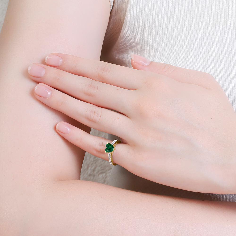 Unity 1ct Heart Emerald Diamond Pave 18K Yellow Gold Engagement Ring #2