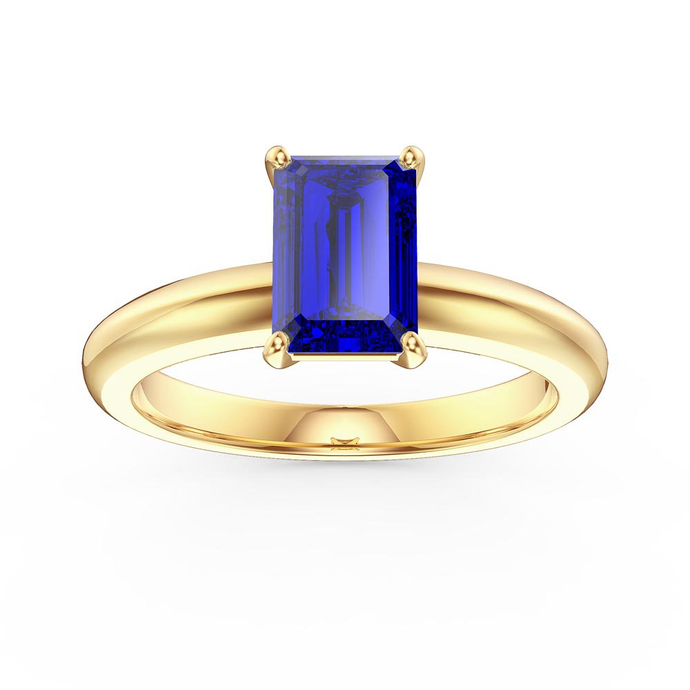 Unity 1ct Blue Sapphire Solitaire Emerald cut 10K Yellow Gold Proposal Ring