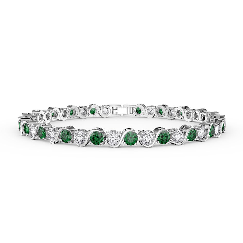 Infinity Emerald and Moissanite Platinum plated Silver S Bar Tennis Bracelet