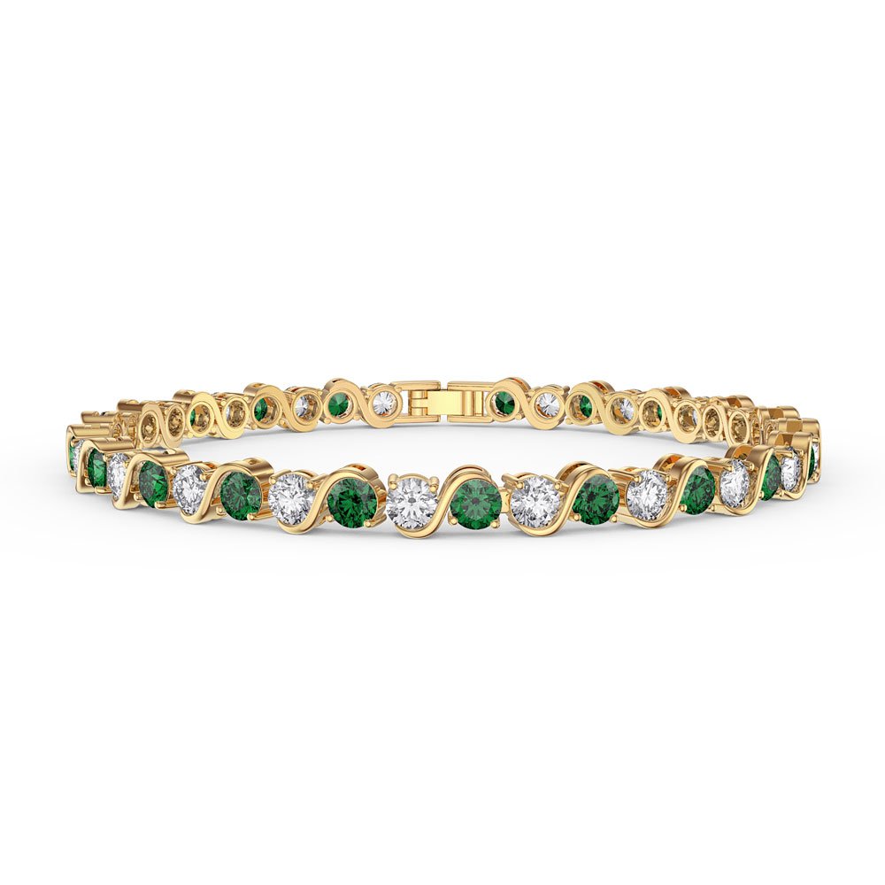 Infinity Emerald and Diamond 18K Yellow Gold S Bar Tennis Bracelet