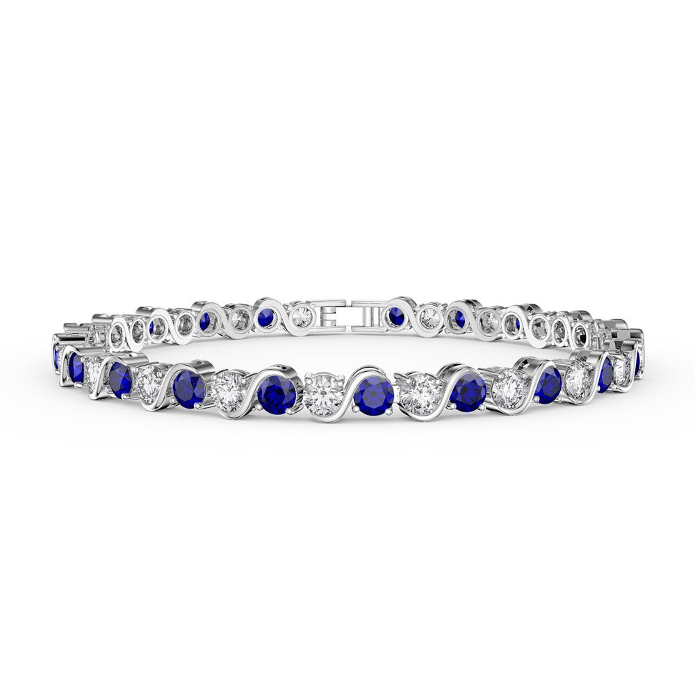 Infinity Sapphire and Diamond CZ Rhodium plated S Bar Silver Tennis Bracelet