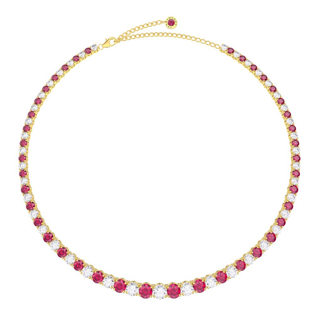 Eternity 30ct Ruby and Diamond CZ 18K Gold plated Silver Graduated Tennis Necklace