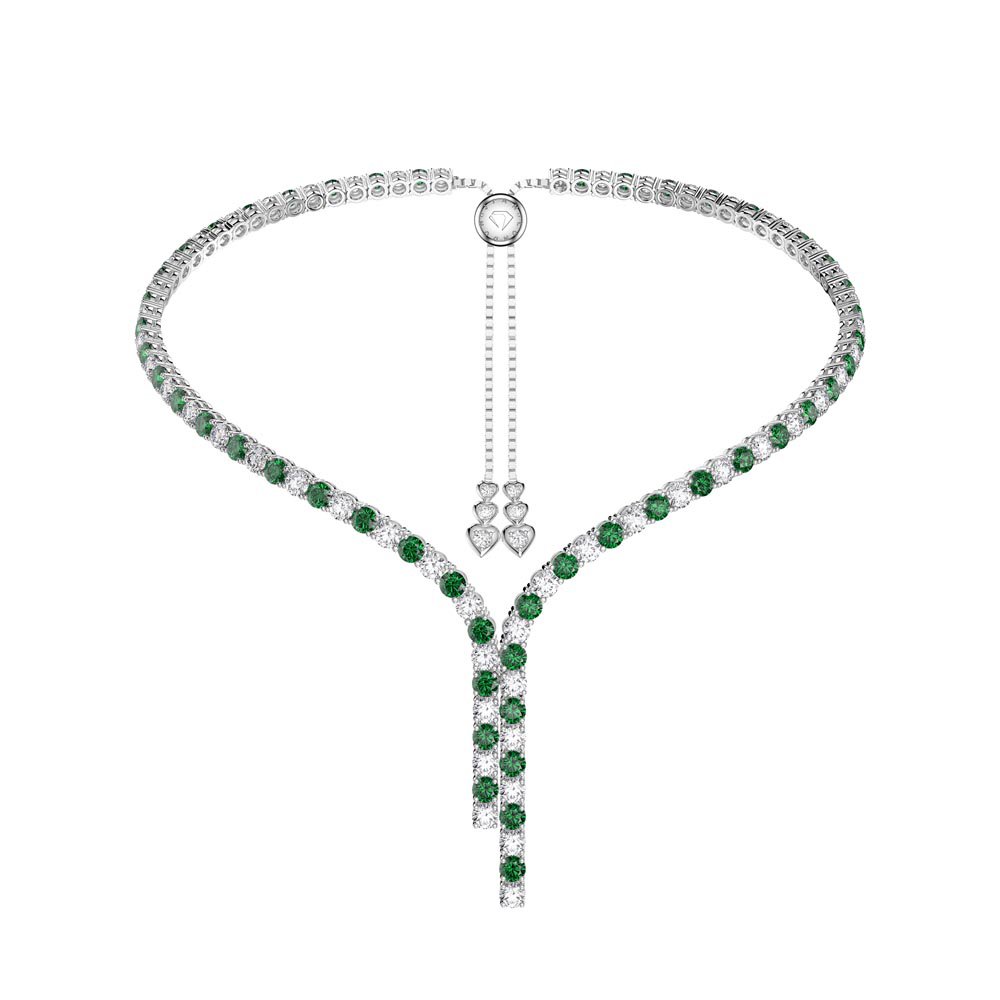 Eternity Asymmetric Drop Emerald and Diamond CZ Rhodium plated Silver Tennis Necklace
