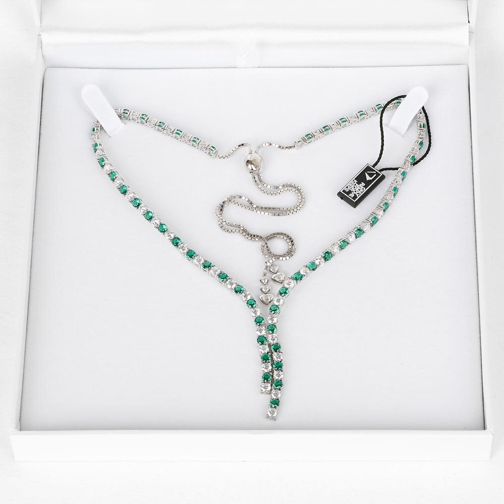 Eternity Asymmetric Drop Emerald CZ and Moissanite Platinum finished Silver Tennis Necklace #3