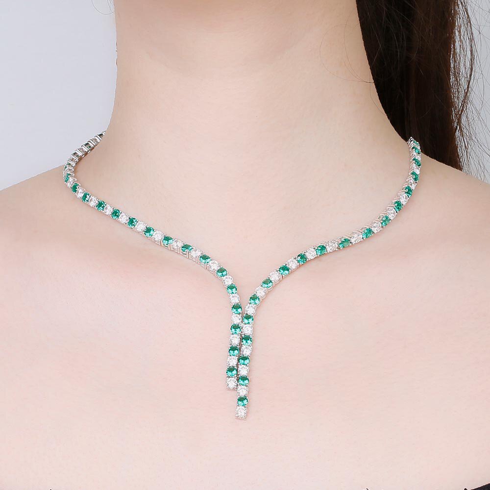Eternity Asymmetric Drop Emerald and Diamond CZ Rhodium plated Silver Tennis Necklace #2
