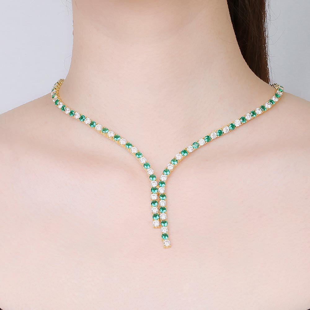 Eternity Asymmetric Drop Emerald and Diamond CZ 18K Gold plated Silver Tennis Necklace #2
