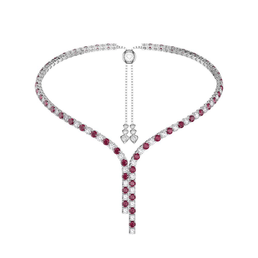 Eternity Asymmetric Drop Ruby and Moissanite Platinum finished Silver Tennis Necklace