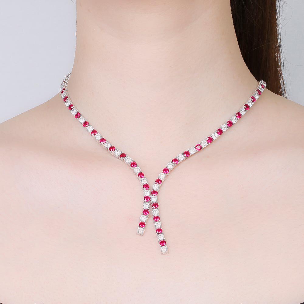 Eternity Asymmetric Drop Ruby and Moissanite Platinum finished Silver Tennis Necklace #2