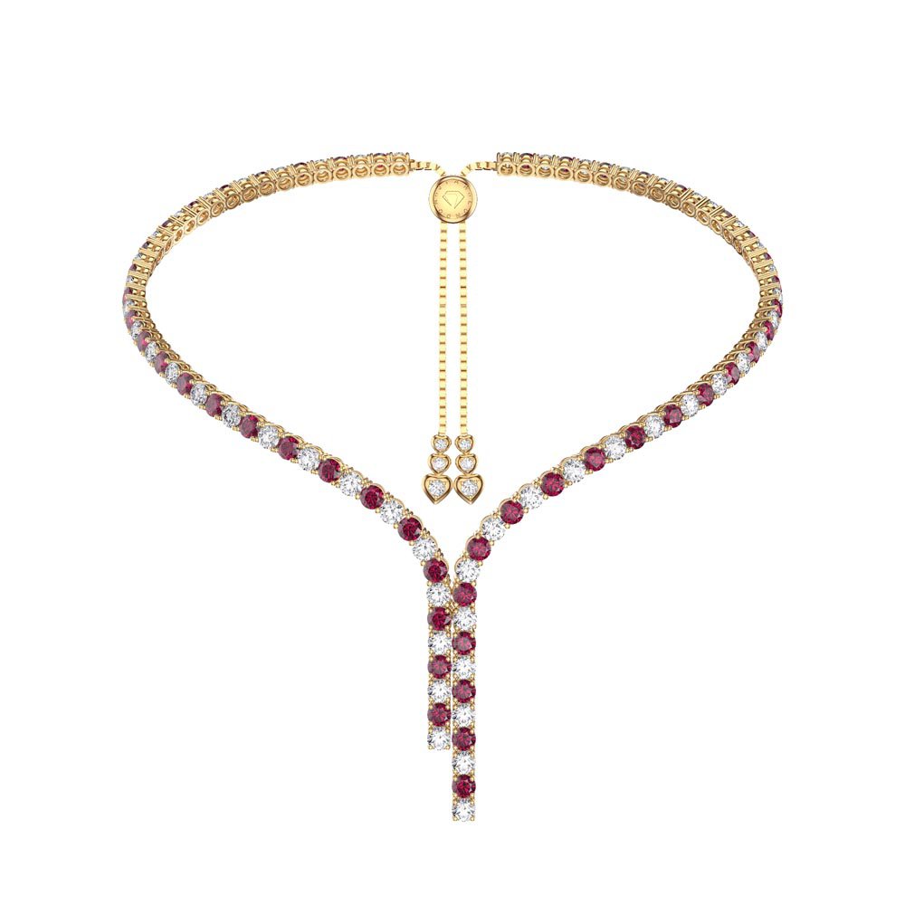 Eternity Asymmetric Drop Ruby and Diamond CZ 18K Gold plated Silver Tennis Necklace