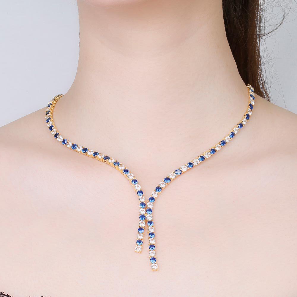 Eternity Asymmetric Drop Sapphire and Diamond CZ 18K Gold plated Silver Tennis Necklace #2