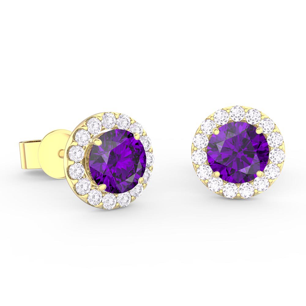 Halo 1ct Amethyst and Moissanite 18K Yellow Gold Halo Stud Earrings