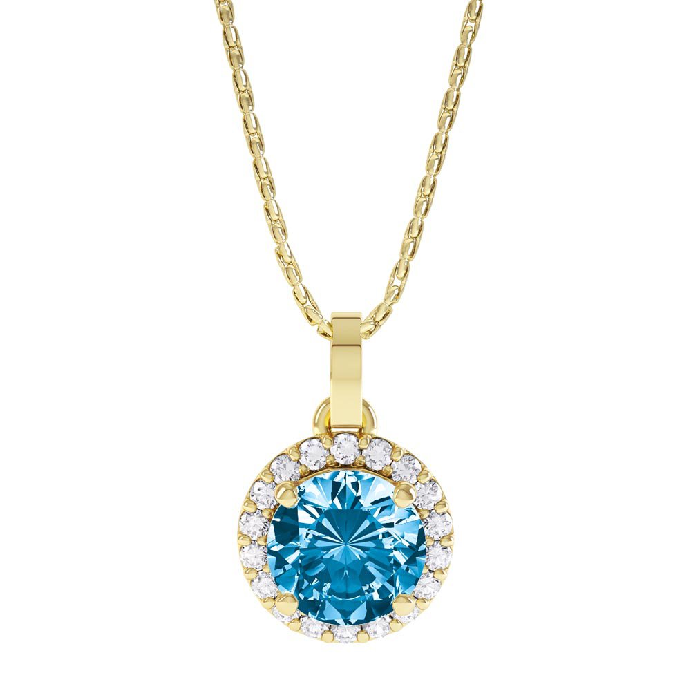 Halo 0.5ct Swiss Blue Topaz  and Moissanite 18K Yellow Gold Halo Pendant