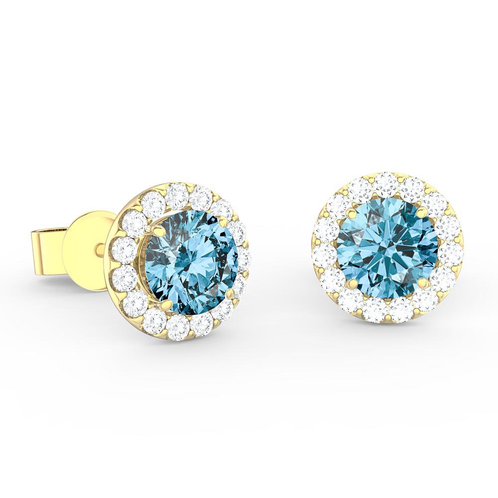 Halo 1ct Swiss Blue Topaz and Moissanite 18K Yellow Gold Halo Stud Earrings