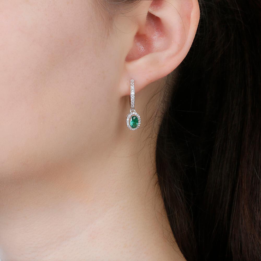 Eternity 1ct Emerald CZ and White Sapphire Oval Halo Drop Hoop Earrings in Platinum plated Silver #2