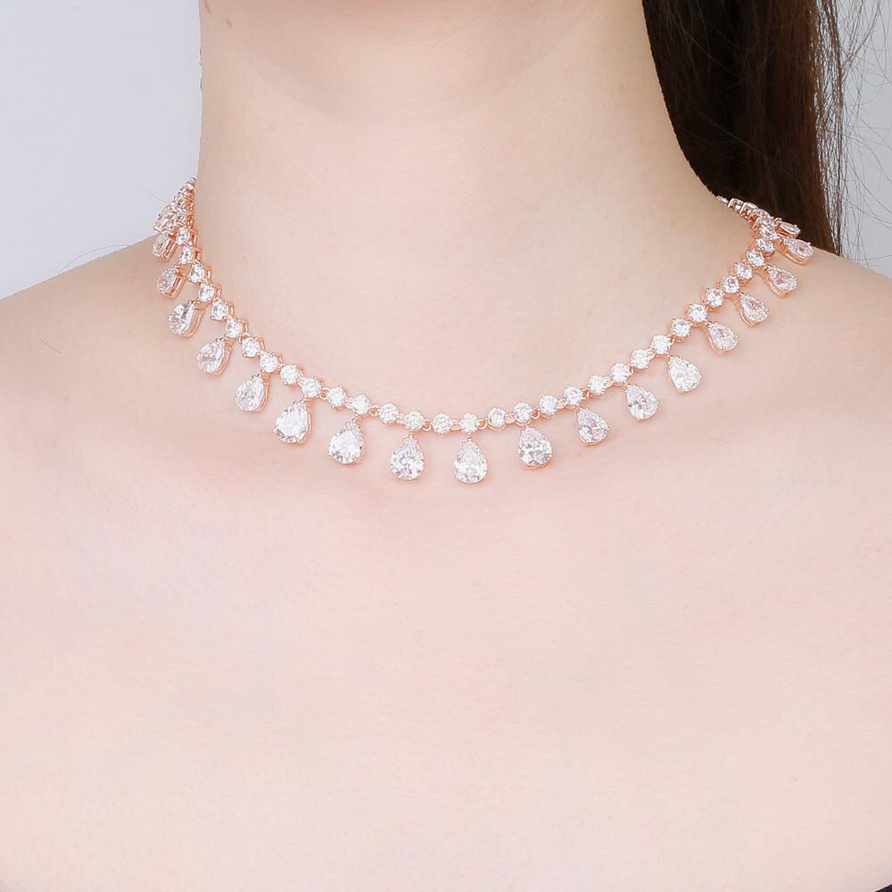 Princess Graduated Pear Drop White Sapphire 18K Rose Gold Vermeil Choker Jewelry Set #2