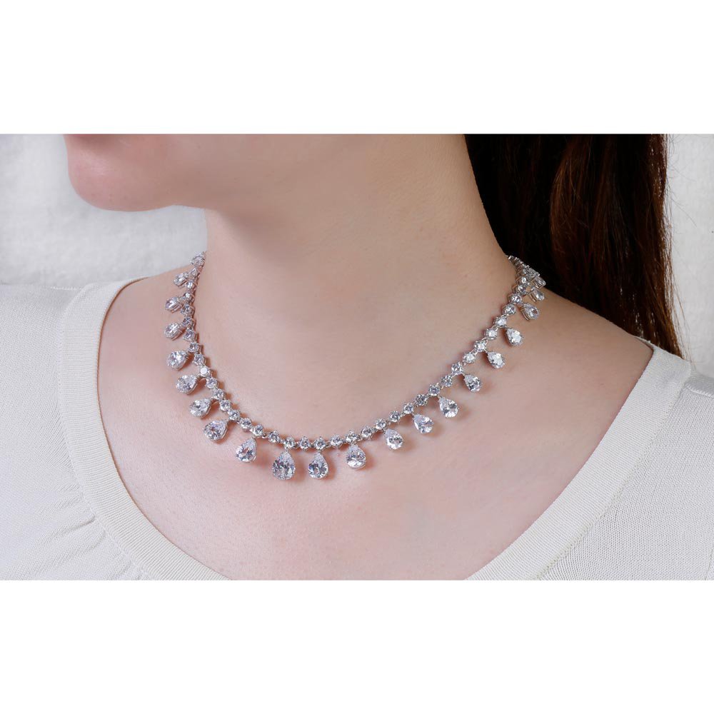 Princess Graduated Pear Drop Diamond CZ Rhodium plated Silver Choker Jewelry Set #2