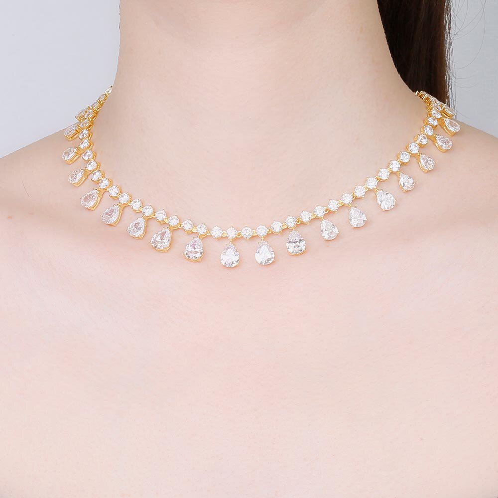 Princess Graduated Pear Drop Diamond CZ 18K Gold plated Silver Choker Tennis Necklace #2