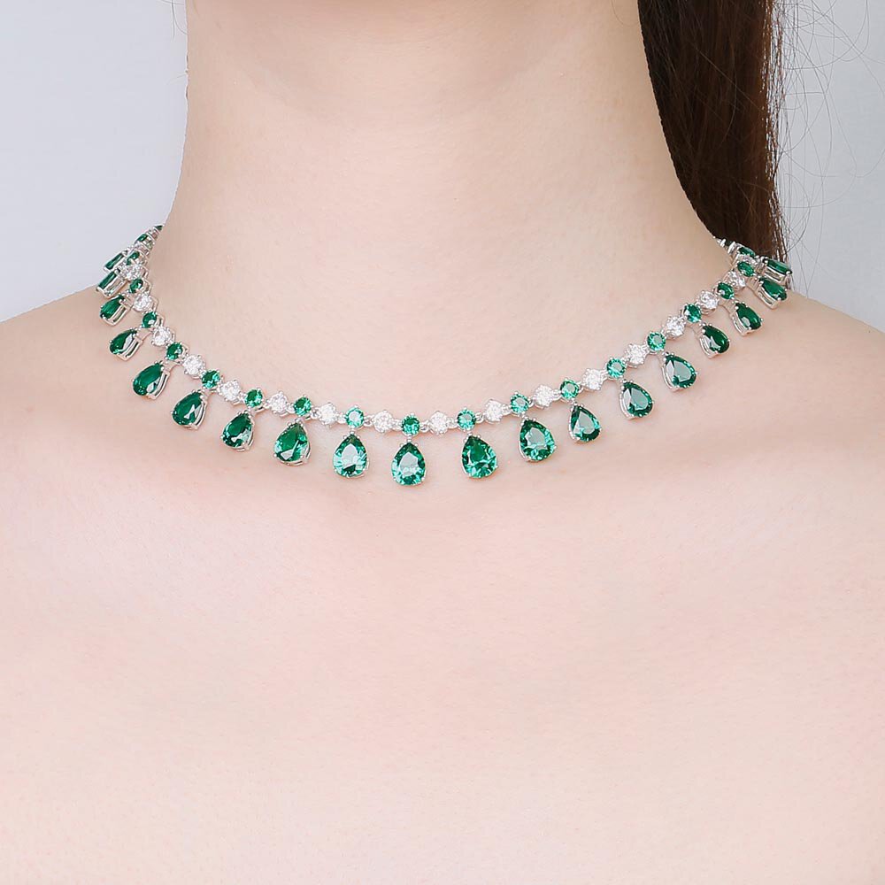 Princess Graduated Pear Drop Emerald Rhodium plated Silver Choker Tennis Necklace Jewelry Set #2
