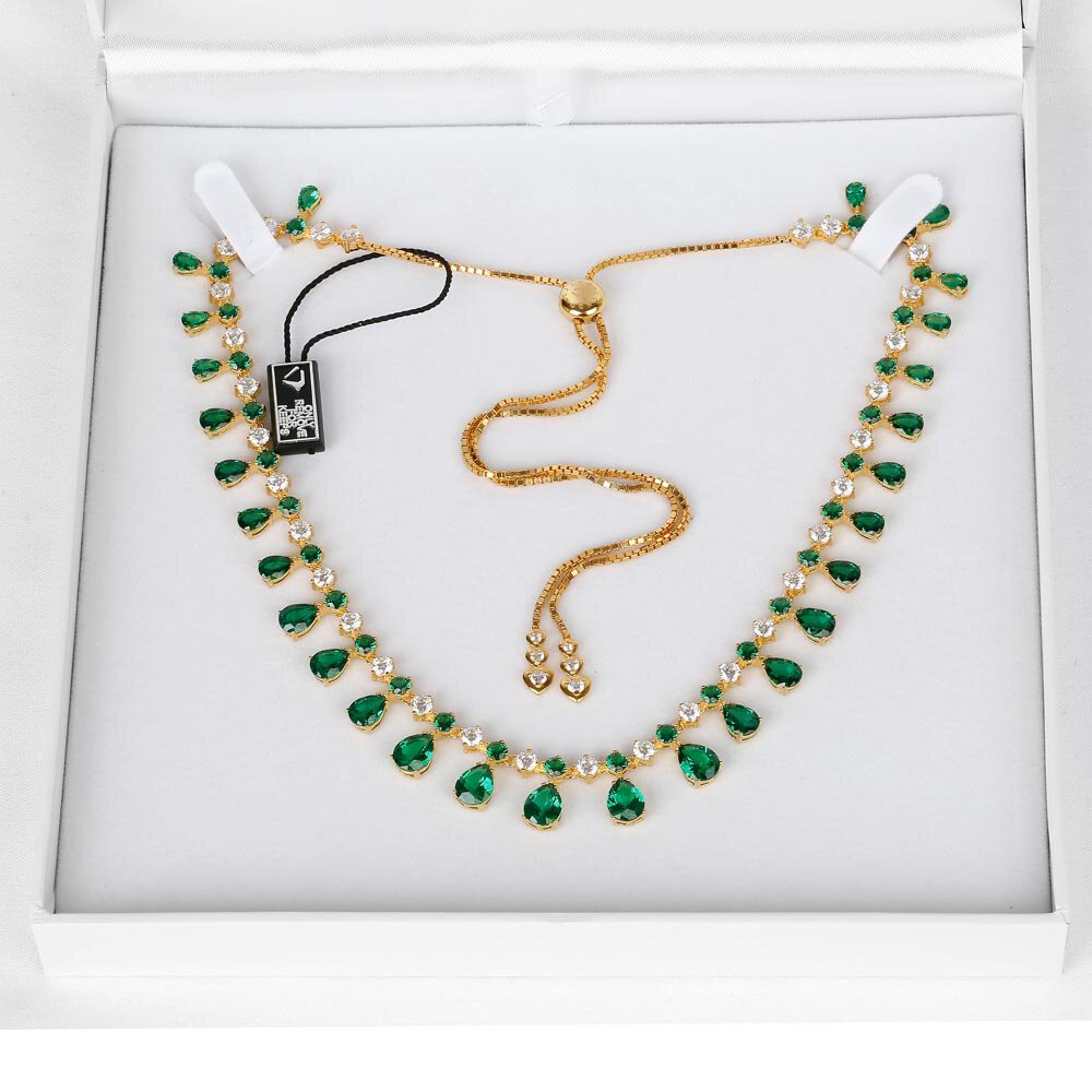 Princess Graduated Pear Drop Emerald and Diamond CZ 18K Gold plated Silver Choker Tennis Necklace #3