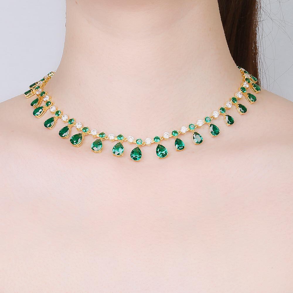 Princess Graduated Pear Drop Emerald 18K Gold plated Silver Choker Tennis Necklace Jewelry Set #2