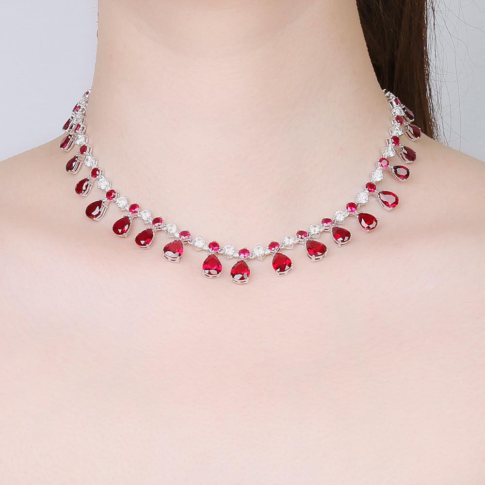 Princess Graduated Pear Drop Ruby Rhodium plated Silver Choker Jewelry Set #2