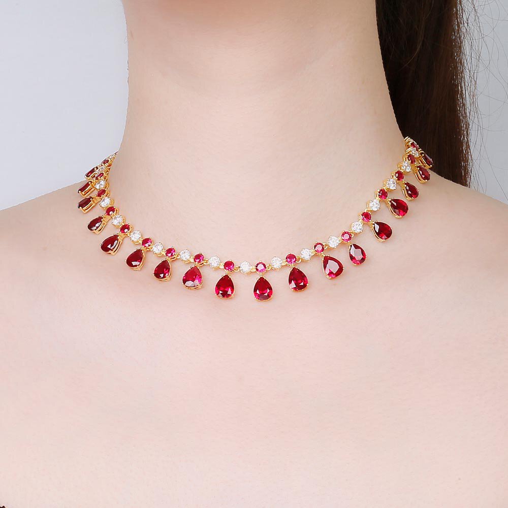 Princess Graduated Pear Drop Ruby and Diamond CZ 18K Gold plated Silver Choker Tennis Necklace #2