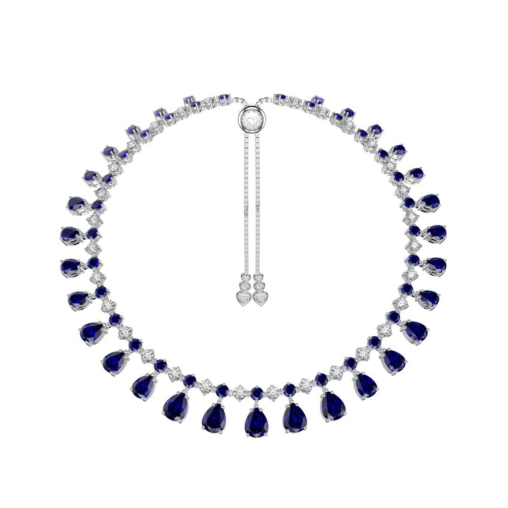 Princess Graduated Pear Drop Blue and White Sapphire Platinum plated Silver Choker Tennis Necklace