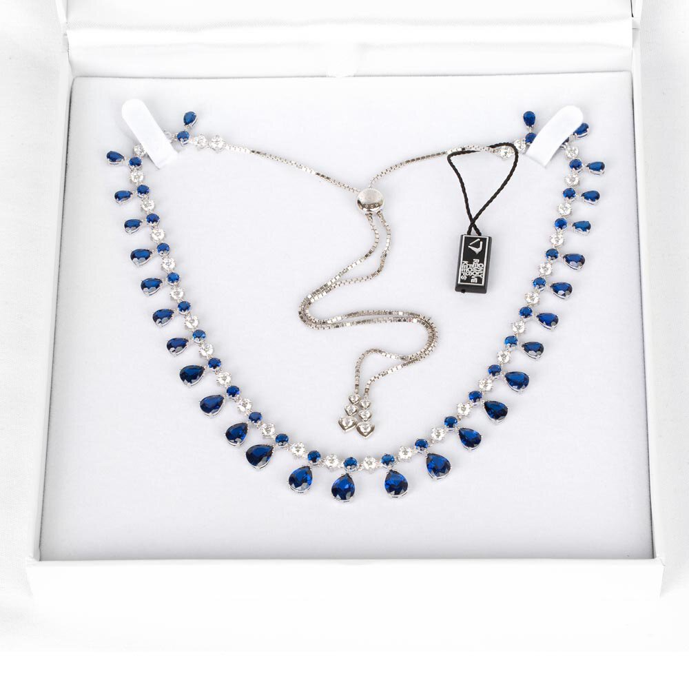 Princess Graduated Pear Drop Blue and White Sapphire Platinum plated Silver Choker Tennis Necklace #3