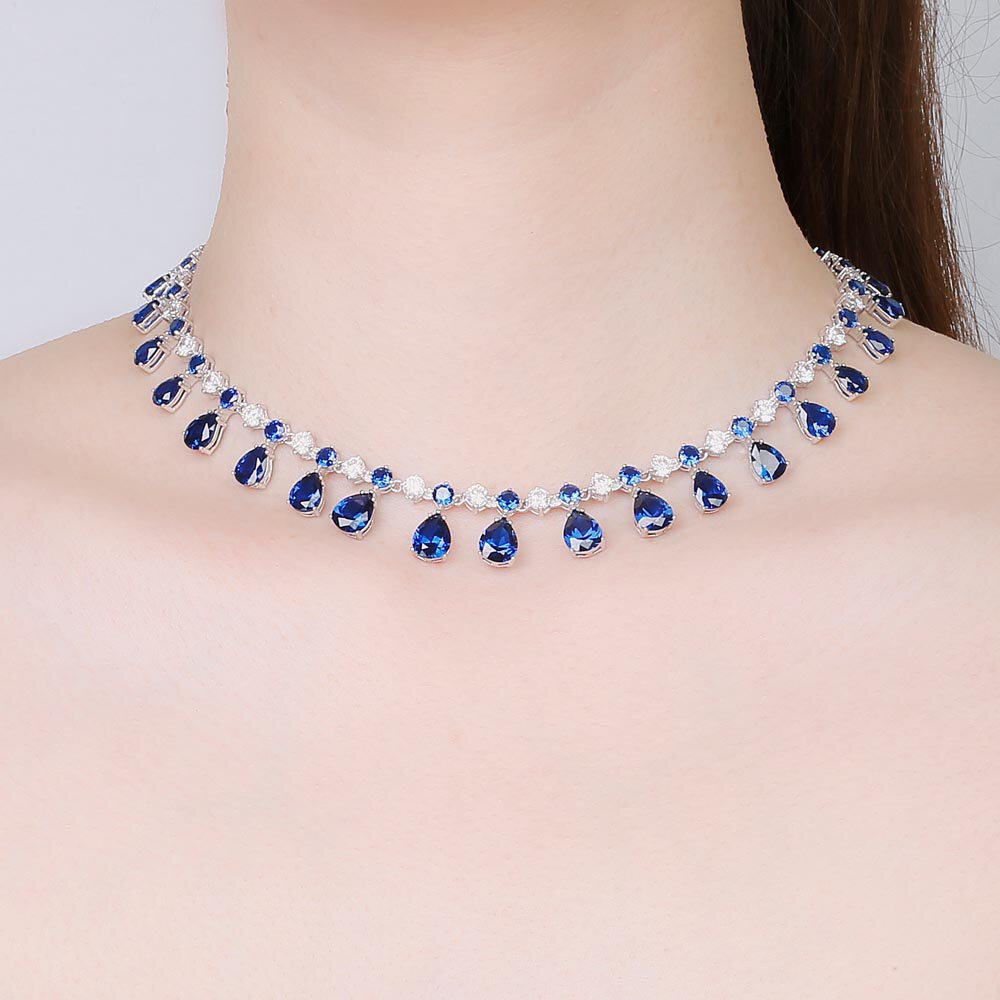 Princess Graduated Pear Drop Blue and White Sapphire Platinum plated Silver Choker Tennis Necklace Jewelry Set #2