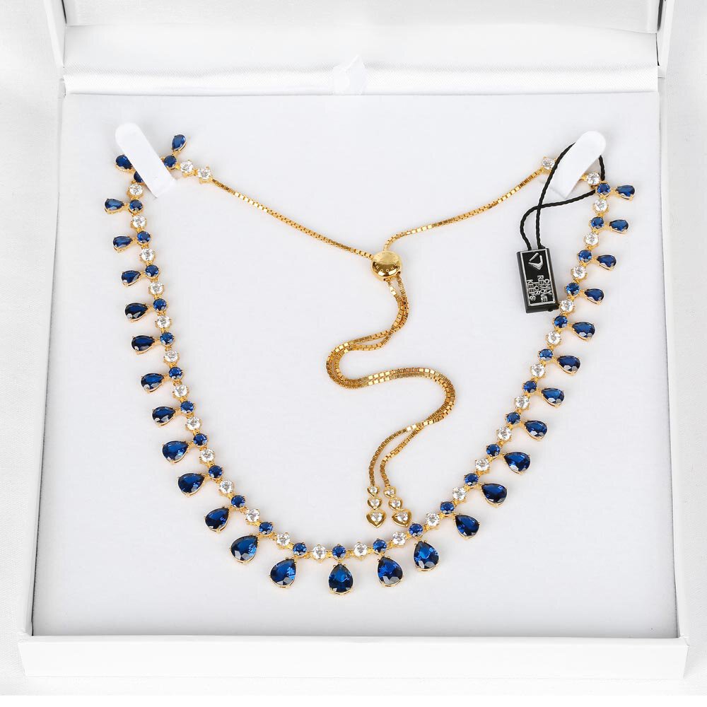 Princess Graduated Pear Drop Blue and White Sapphire 18K Gold Vermeil Choker Tennis Necklace #3