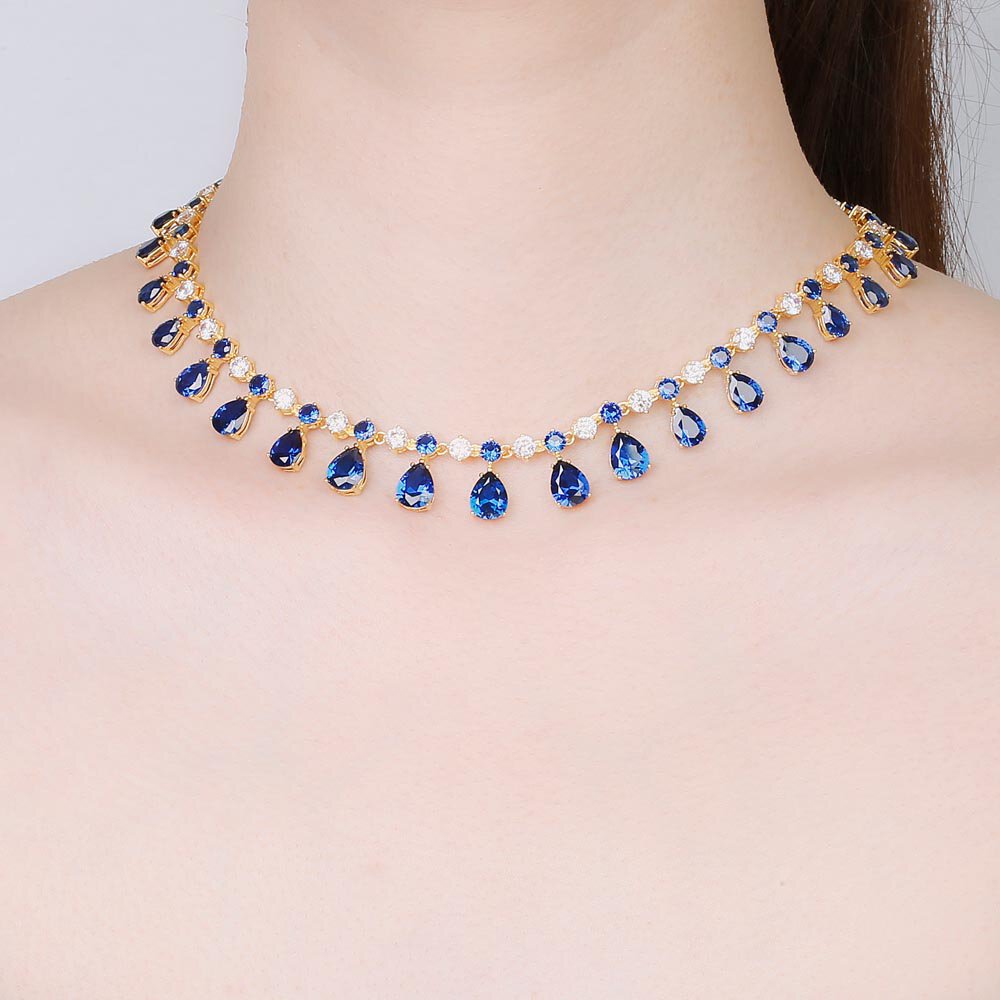 Princess Graduated Pear Drop Sapphire 18K Gold plated Silver Choker Tennis Necklace Jewelry Set #2