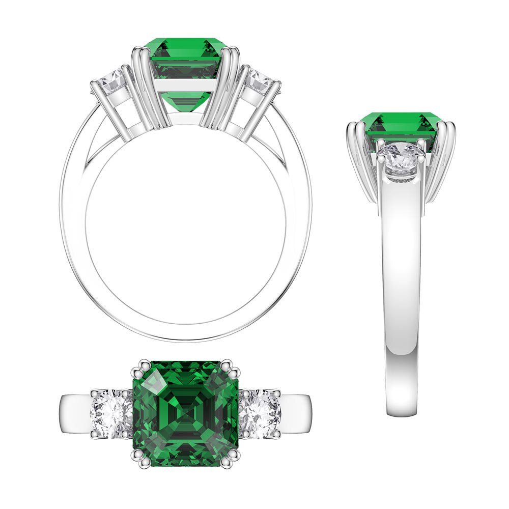 Princess 3ct Emerald Asscher Cut 18K White Gold Three Stone Engagement Ring #4