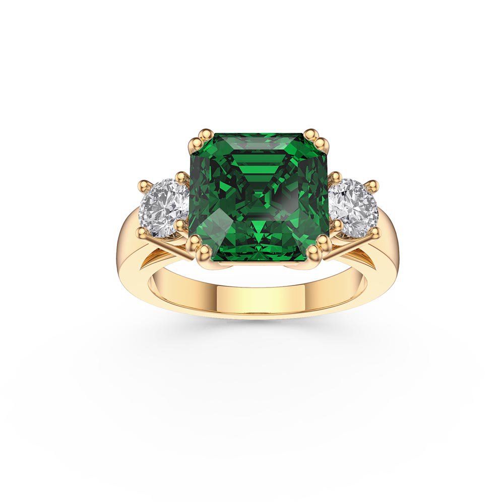 Princess 3ct Emerald Asscher Cut 18K Yellow Gold Three Stone Engagement Ring