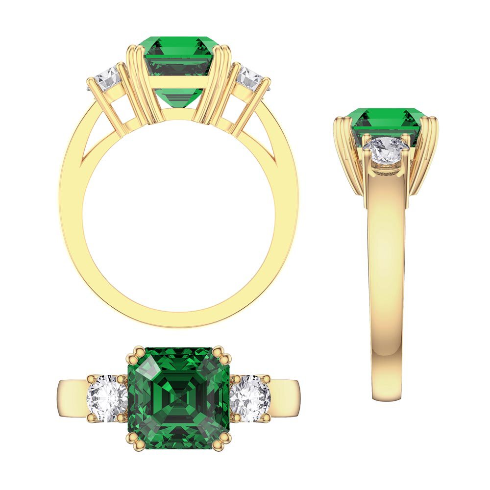 Princess 3ct Emerald Asscher Cut 18K Yellow Gold Three Stone Engagement Ring #4