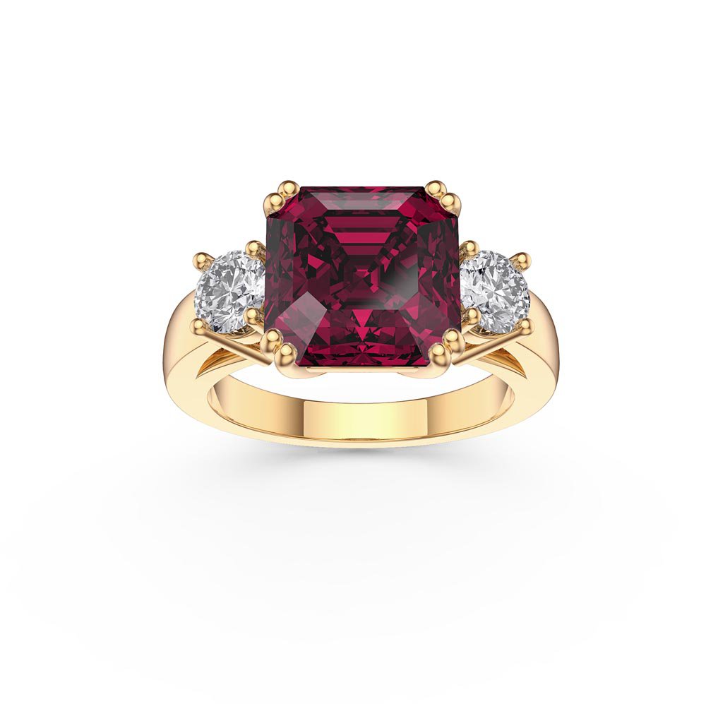 Princess 3ct Ruby Asscher Cut 18K Yellow Gold Three Stone Engagement Ring