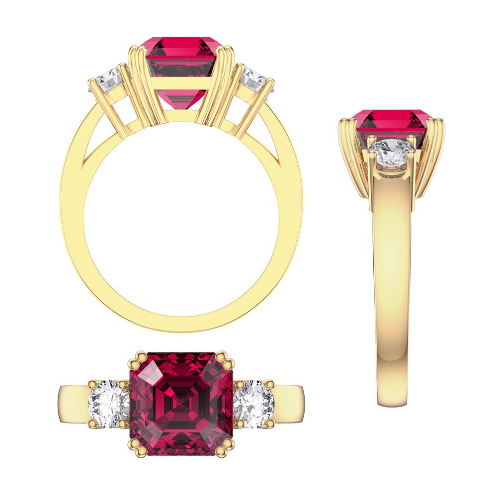 Princess 3ct Ruby Asscher Cut 10K Yellow Gold Three Stone Engagement Ring #4