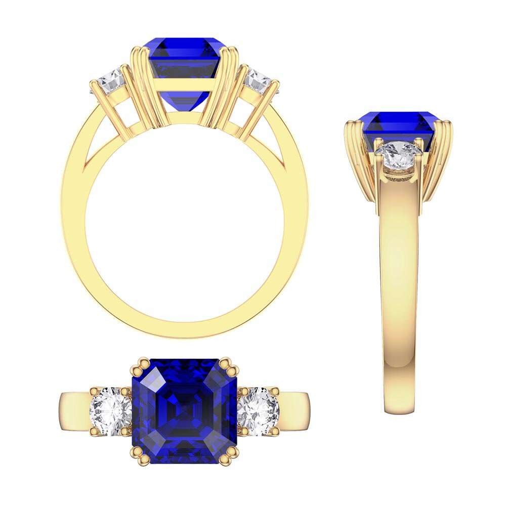 Princess 3ct Blue Sapphire Asscher Cut 18K Yellow Gold Three Stone Engagement Ring #4