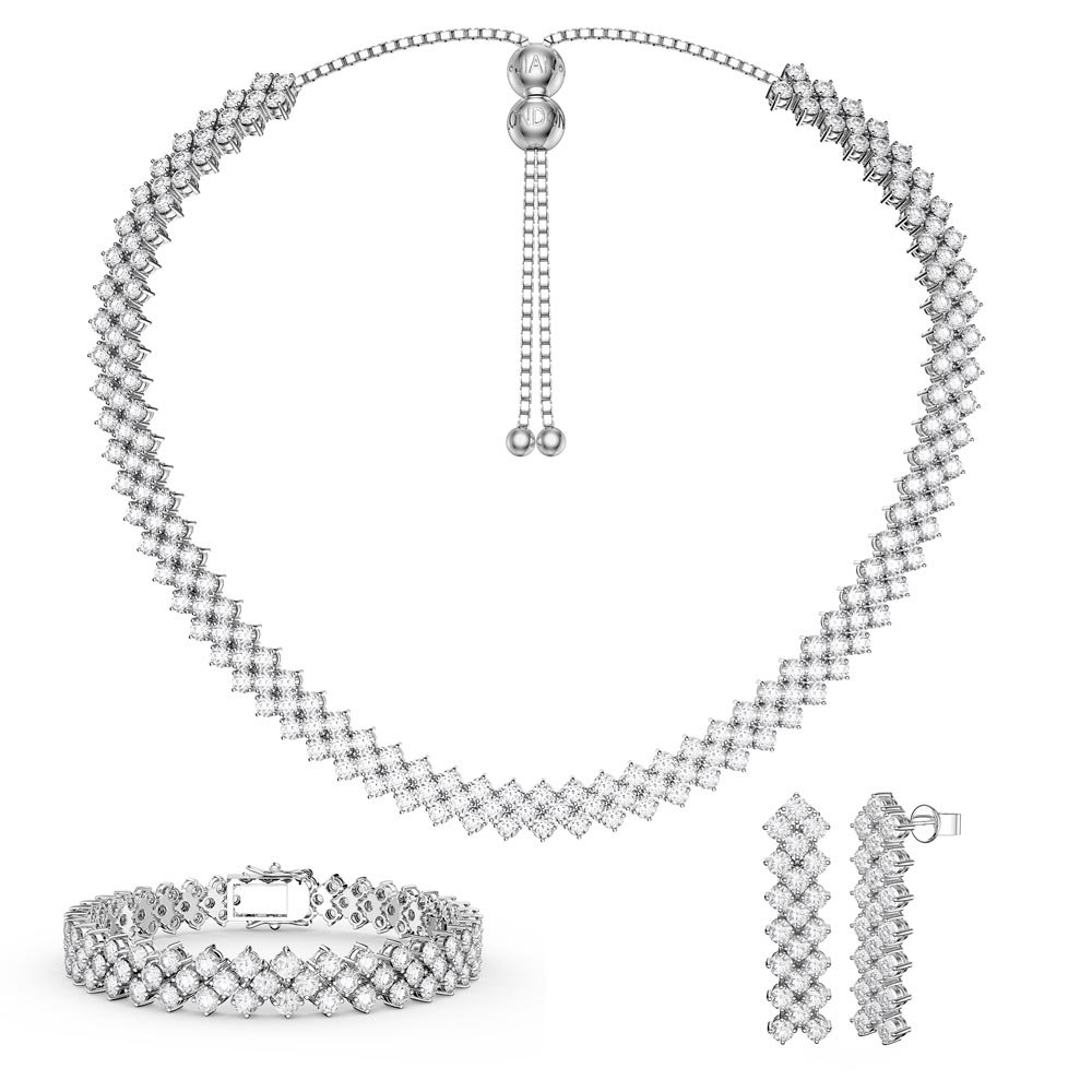 Three Row Diamond CZ Rhodium plated Silver Jewelry Set