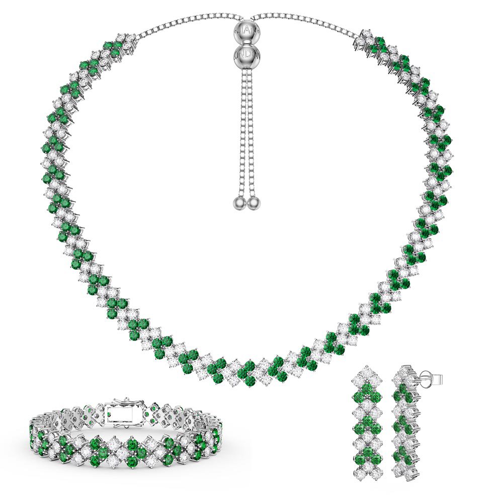 Three Row Emerald and Moissanite Platinum plated Silver Jewellery Set