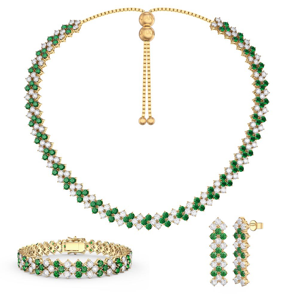 Three Row Emerald and Diamond CZ 18K Gold plated Silver Jewelry Set