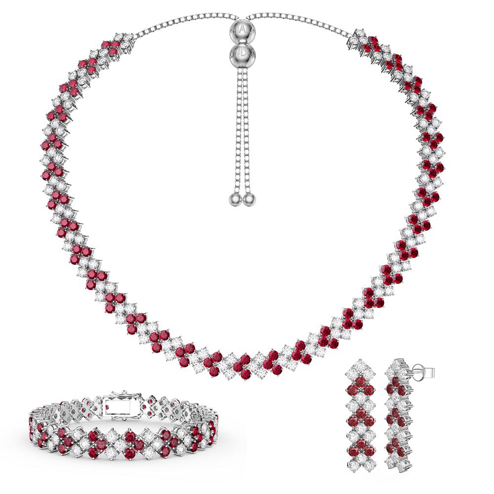 Three Row Ruby and Moissanite Platinum plated Silver Jewellery Set