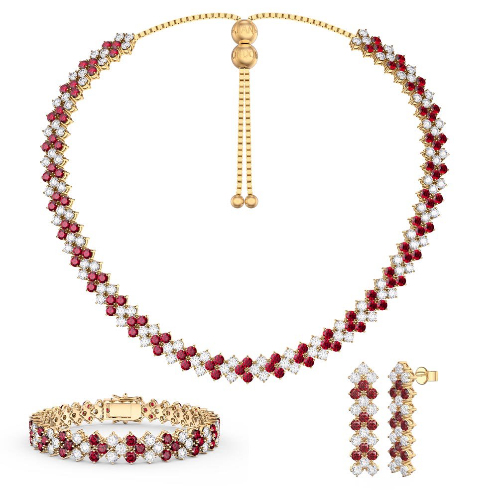 Three Row Ruby and Diamond CZ 18K Gold plated Silver Jewelry Set