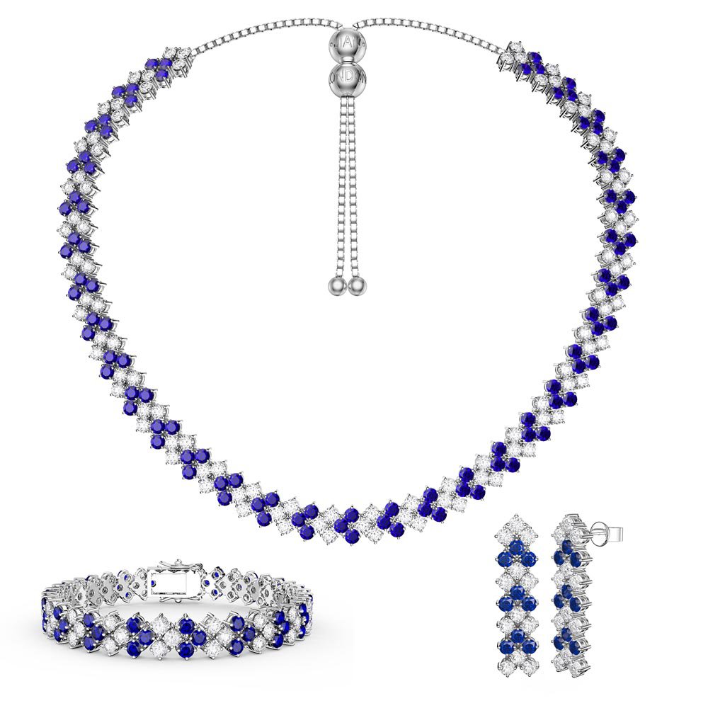 Three Row Sapphire and Moissanite Platinum plated Silver Jewellery Set