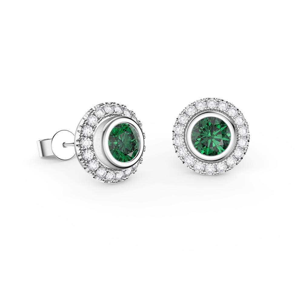 Infinity Emerald and Moissanite 18K White Gold Stud Earrings Halo Jacket Set #2