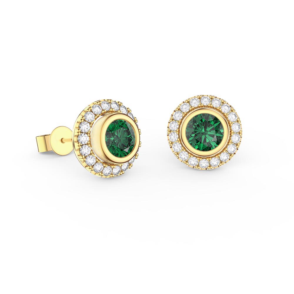 Infinity Emerald and Diamond 18K Yellow Gold Stud Earrings Halo Jacket Set #2