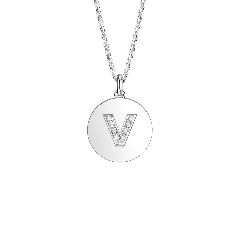 Charisma Moissanite Pave Platinum plated Silver Alphabet Pendant V