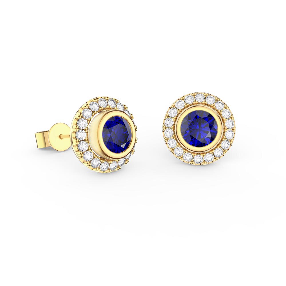 Infinity Sapphire and Moissanite 18K Yellow Gold Stud Earrings Halo Jacket Set #2