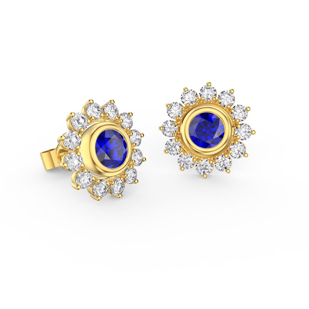 Infinity Sapphire 18K Yellow Gold Stud Diamond Starburst Earrings Halo Jacket Set #2