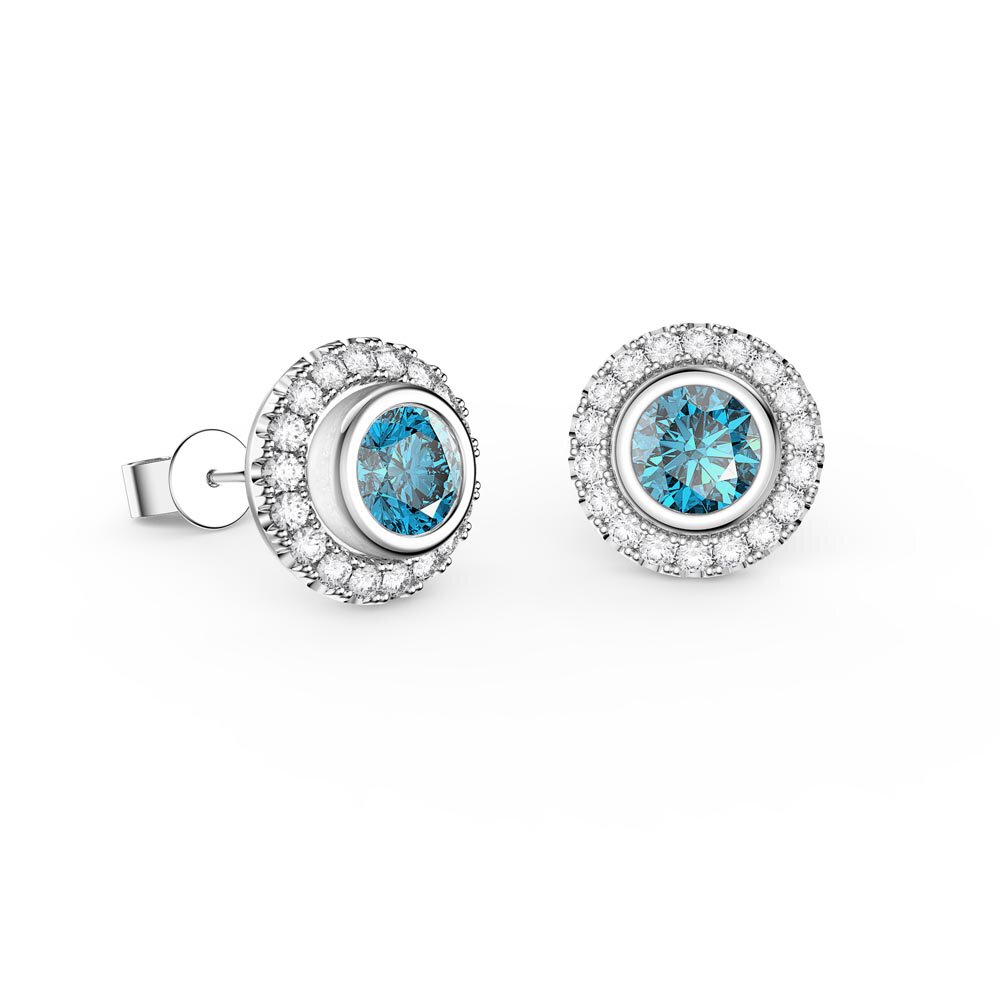 Infinity Blue Topaz and Moissanite Platinum plated Silver Stud Earrings Halo Jacket Set #2